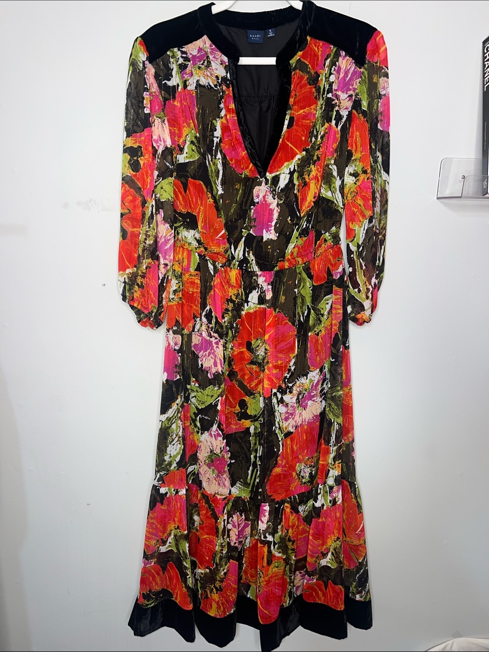 Kaari Blue Maxi Dress in Black with Red & Pink Floral Print